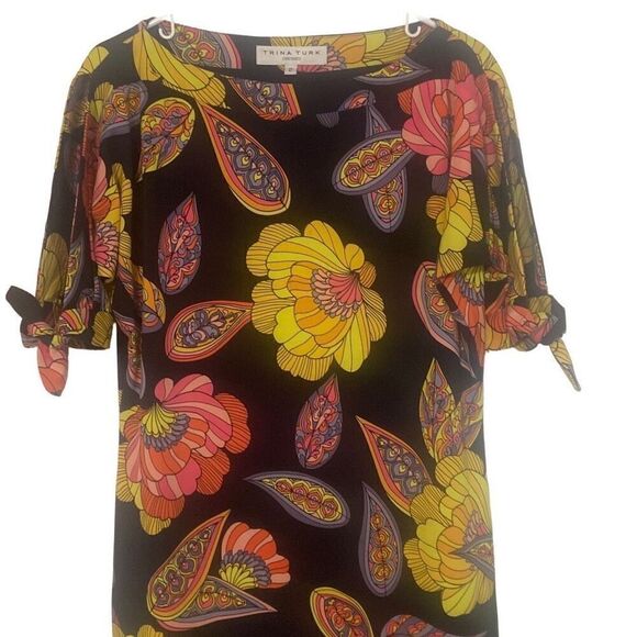 Trina Turk Vinet Escapade Mini Dress Navy Yellow Pink Floral Tie Sleeves Size 2 - Picture 2 of 9